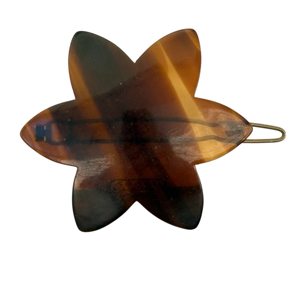 French Hair Barrette Clip‎ Faux Tortoise Shell Lucite Vintage Flower Star Brown